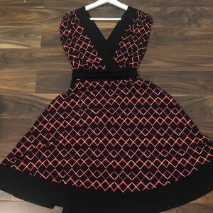 Black and Coral Geometric Fit & Flare Dress